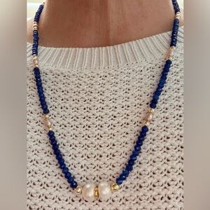 Sapphire blue necklace w light purple freshwater pearls,pearl pendant.22” GIFT